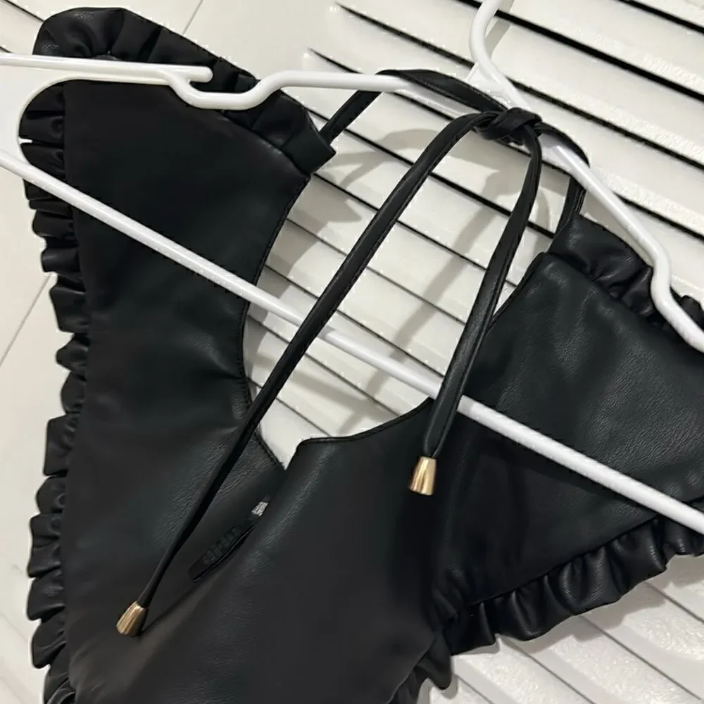 Steve Madden Black Pleather Collar with Ruffles Gamine Cute Peter Pan Punk Goth - Picture 5 of 6